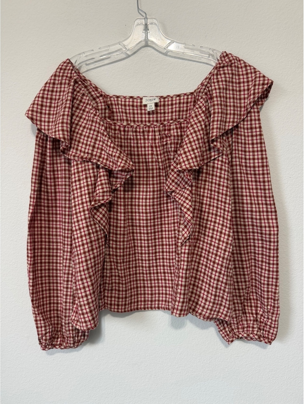 J. Crew NWT Long Sleeve Ruffled Square Neck Red/Cream Gingham Blouse Size 2X